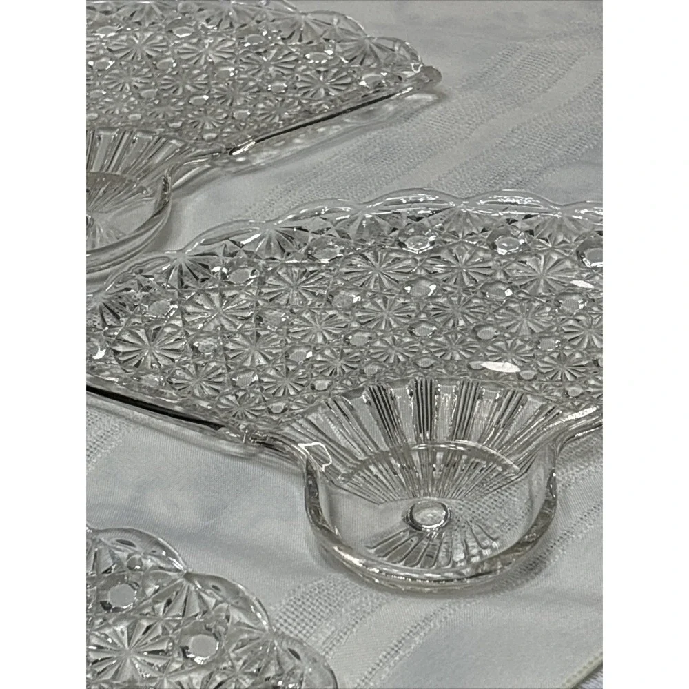 4 Vintage Fan Shaped‎ Vanity Tray Dishes Daisy Button Pattern Anchor Hocking